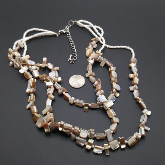 Abalone Shell Three Strand Necklace, Glass White Seed Beads, 19 Inches - Picture 4 of 9